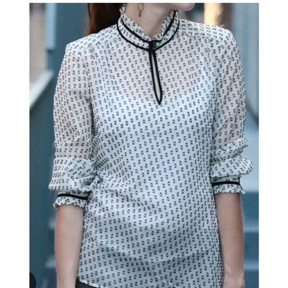 J. Crew  Semi-Sheer Swiss Dot Novelty Artist Top Keyhole Ruffle Trim Blouse size - Picture 1 of 7